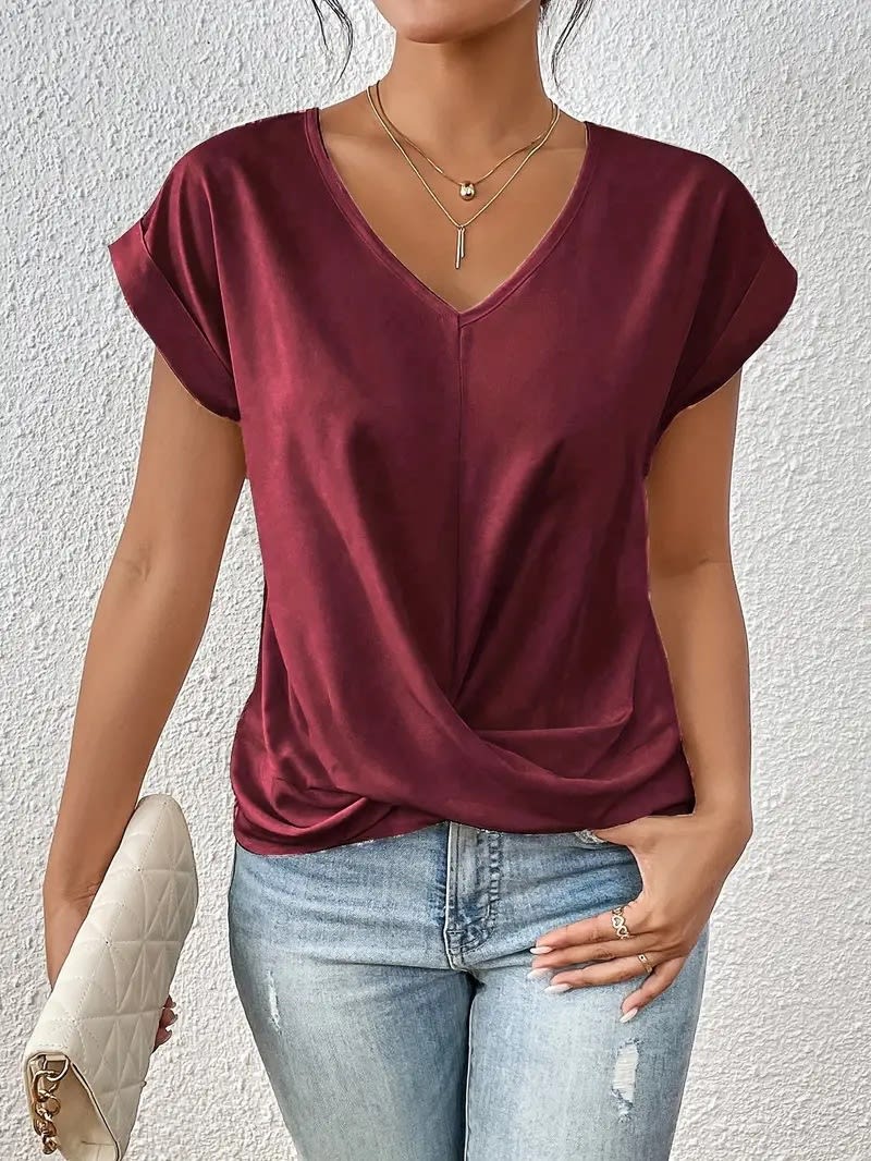 Fashion V-neck Short-sleeve T-shirt Summer Casual Irregular Knot Top For Women Clothing view 6