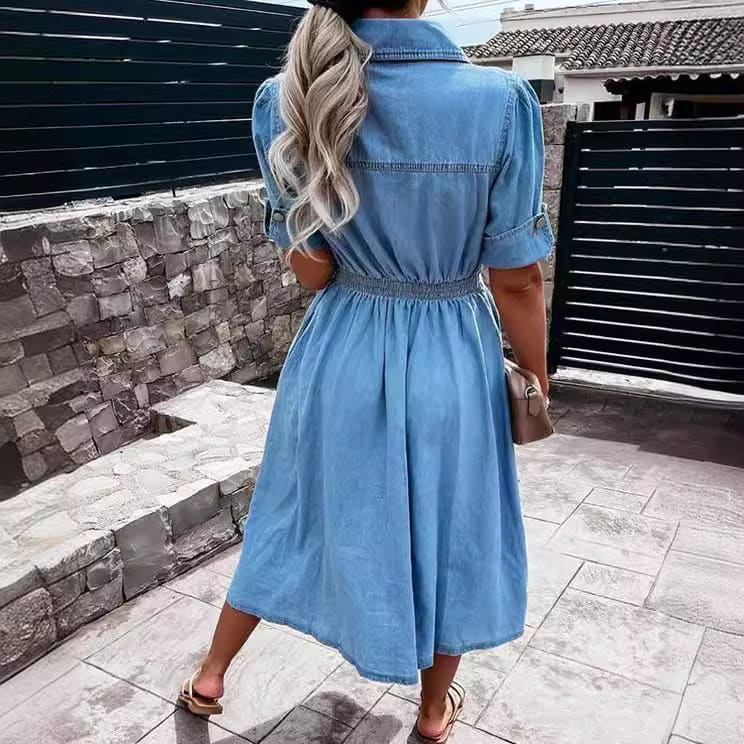 Women's Single-breasted Lapel Denim Dress Ins Fashion Temperament Slim-fit Short-sleeved Dress Summer view 2