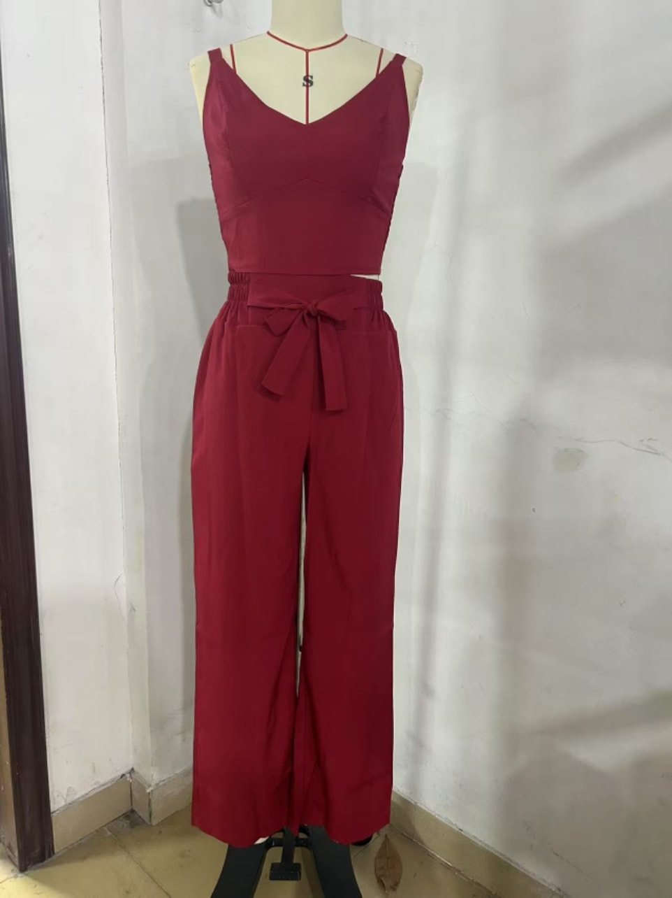 Women's Solid Color Slim Elastic Pleated Two-Piece Suit Sexy Spaghetti Strap V-neck Backless Vest High Waist Wide Leg Pants Suit view 10