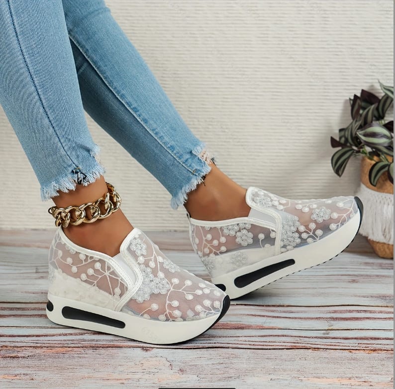 Women's Fashion Lace Mesh Casual High Heel Sneakers view 6