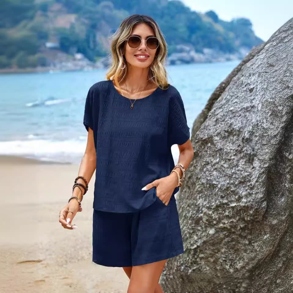 Casual And Comfortable Solid Color Round Neck Short Sleeves Shorts Suit view 5
