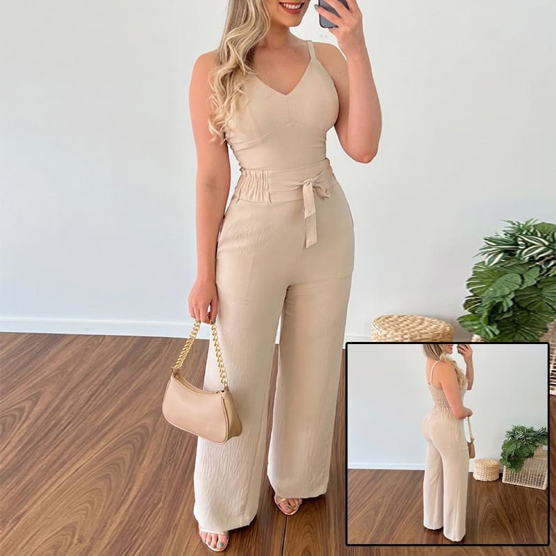 Women's Solid Color Slim Elastic Pleated Two-Piece Suit Sexy Spaghetti Strap V-neck Backless Vest High Waist Wide Leg Pants Suit view 8