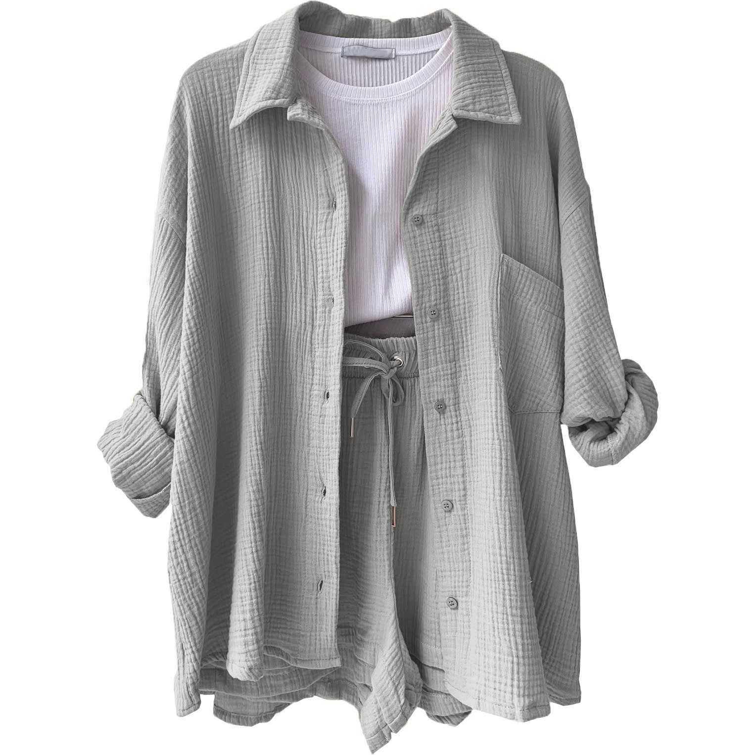Women's Wrinkled Fabric Lapel Long Sleeved Shirt Shorts Fashion Casual Set view 16