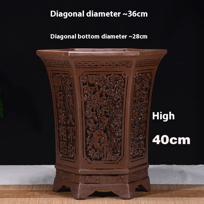 Antique Style Redware Flower Pot Retro Square Hexagonal Bonsai view 4