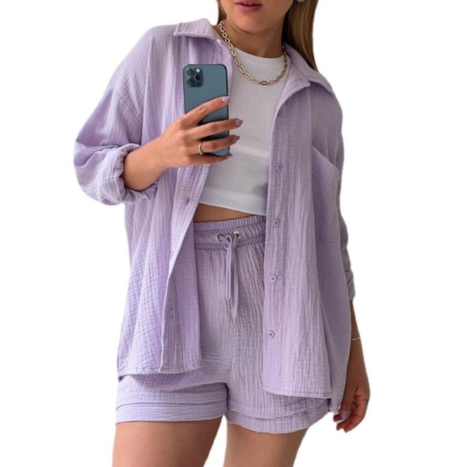 Women's Wrinkled Fabric Lapel Long Sleeved Shirt Shorts Fashion Casual Set view 21