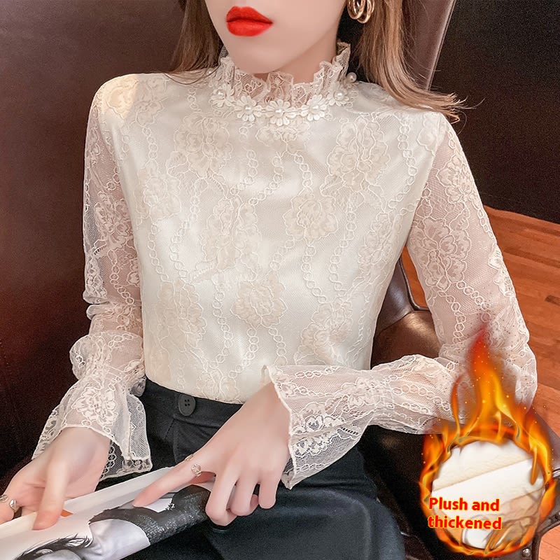 Fashion European Fleece-lined Thick Lace Bottoming Shirt Western Style Chiffon Small Shirt For Women view 4