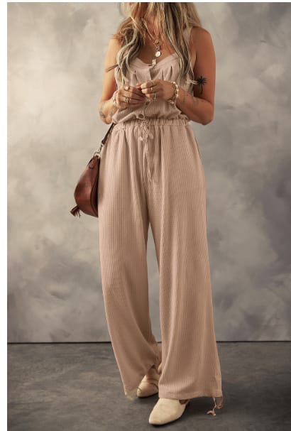 Pale Khaki Knotted Straps Button Textured Drawstring Jumpsuit view 4