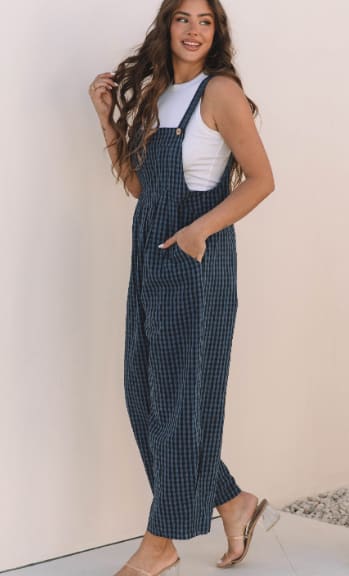 Sail Blue Plaid Print Buttoned Pocketed High Waist Overall view 3