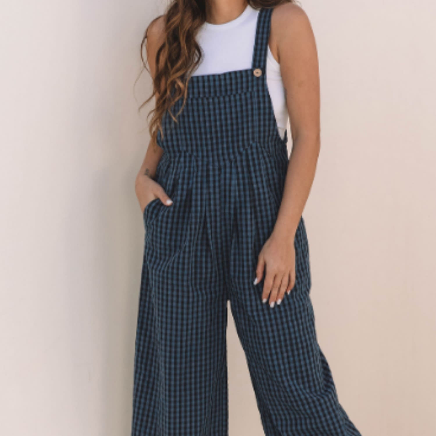 Sail Blue Plaid Print Buttoned Pocketed High Waist Overall
