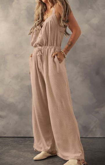 Pale Khaki Knotted Straps Button Textured Drawstring Jumpsuit view 6