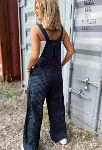 Sail Blue Plaid Print Buttoned Pocketed High Waist Overall view 5