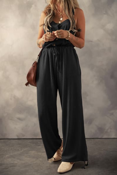 Pale Khaki Knotted Straps Button Textured Drawstring Jumpsuit view 2