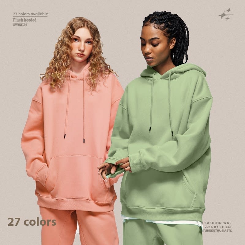 Fleece-lined Thick Hooded Solid Color Hoodie Suit view 7