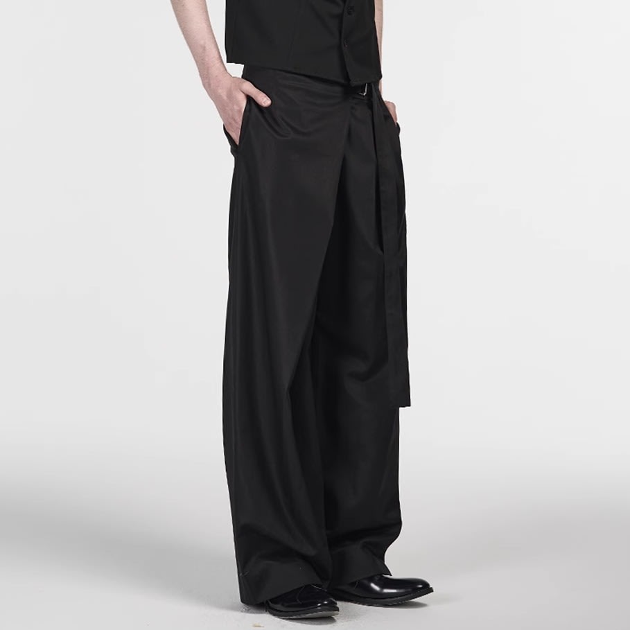 Black Tencel Cotton Single Pleated Cut Adjustable Waist Straight Trousers view 2