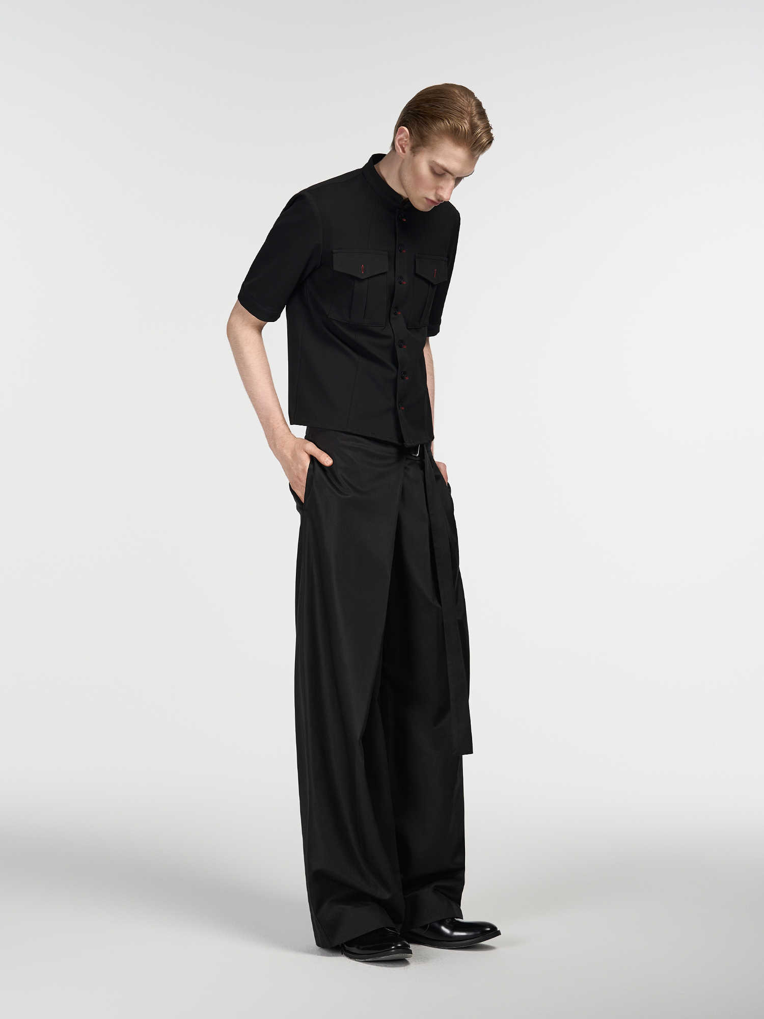 Black Tencel Cotton Single Pleated Cut Adjustable Waist Straight Trousers view 6