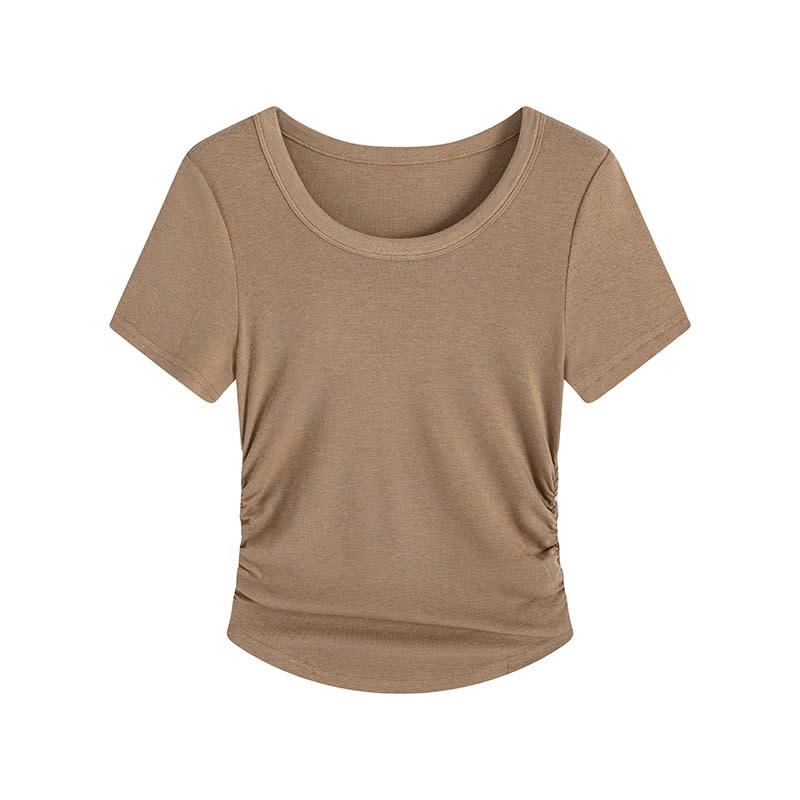 Plus Size Pleating Midriff Outfit High Elastic Bottoming Shirt Short Sleeve T-shirt