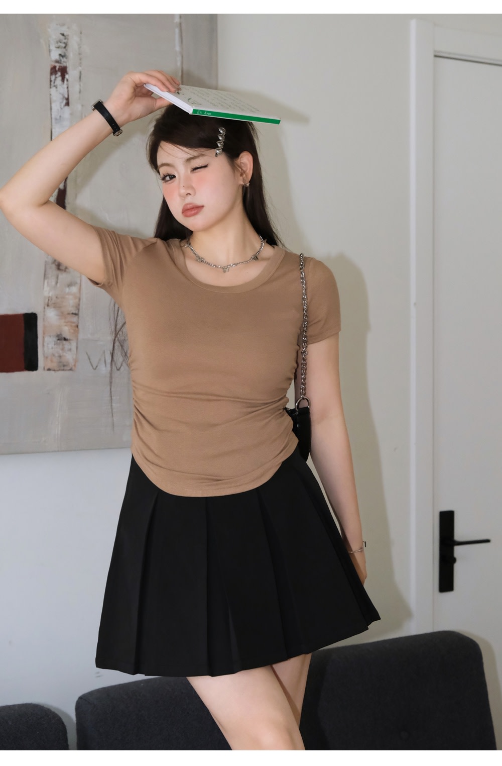 Plus Size Pleating Midriff Outfit High Elastic Bottoming Shirt Short Sleeve T-shirt view 7