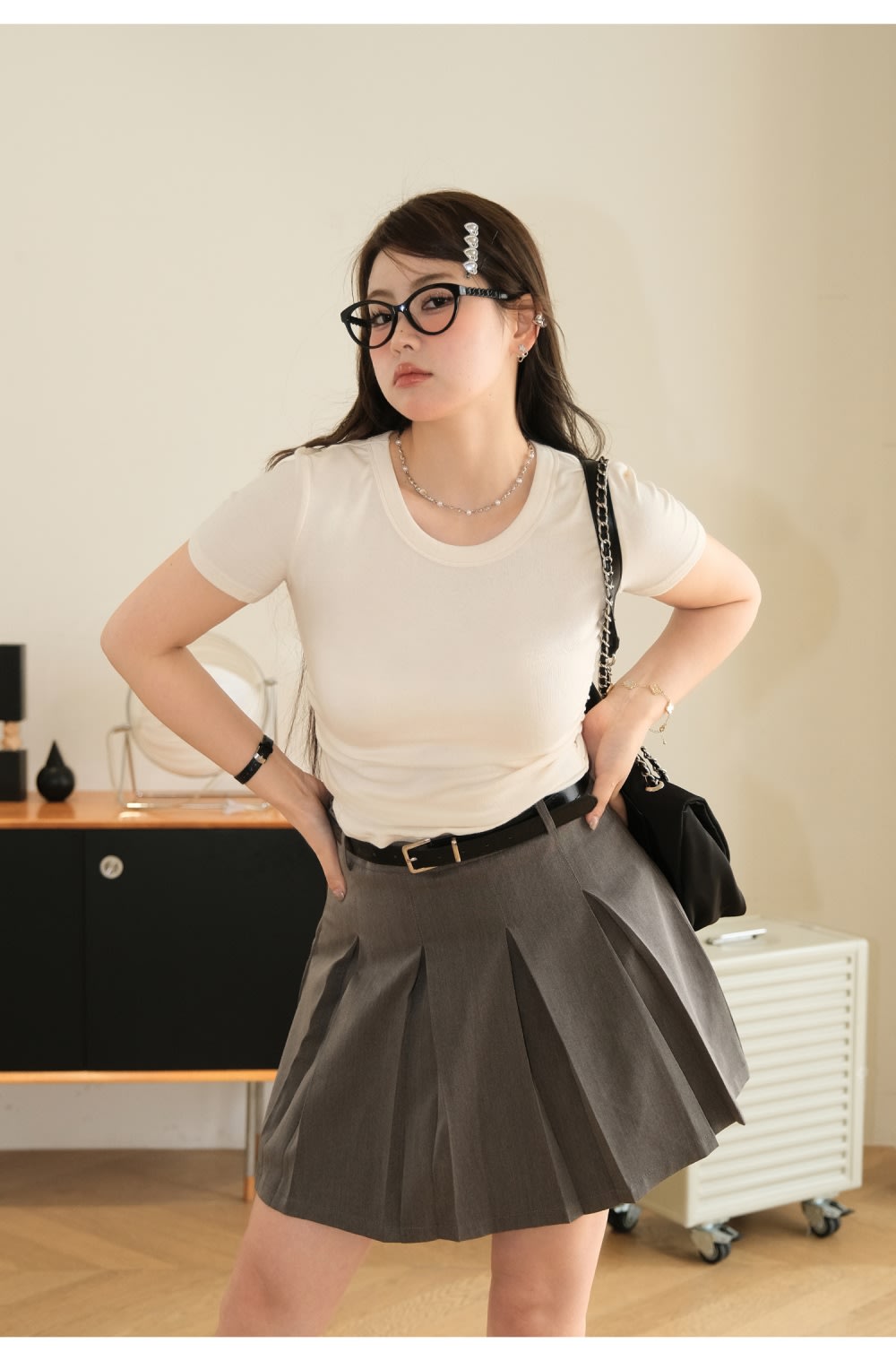Plus Size Pleating Midriff Outfit High Elastic Bottoming Shirt Short Sleeve T-shirt view 5