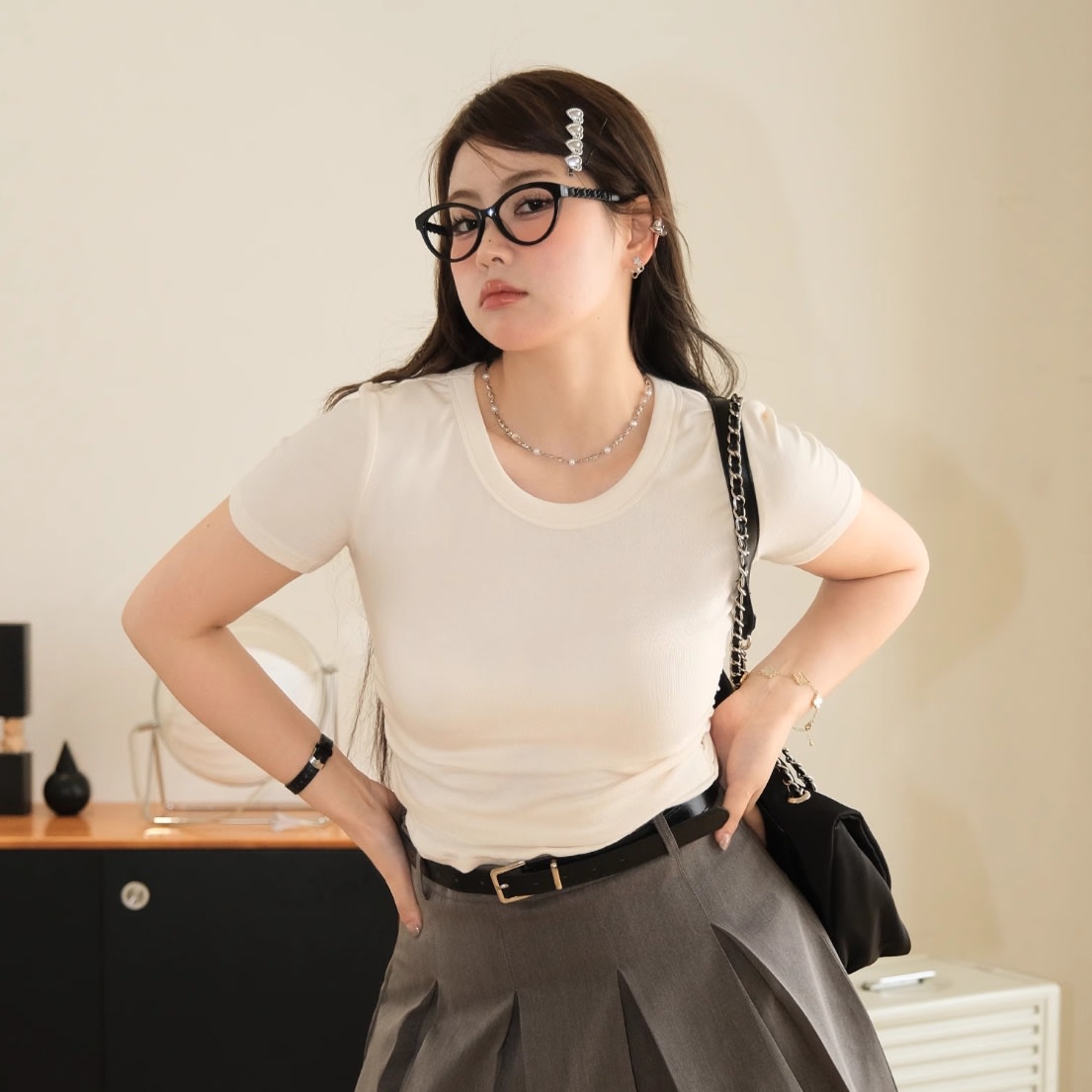 Plus Size Pleating Midriff Outfit High Elastic Bottoming Shirt Short Sleeve T-shirt view 3