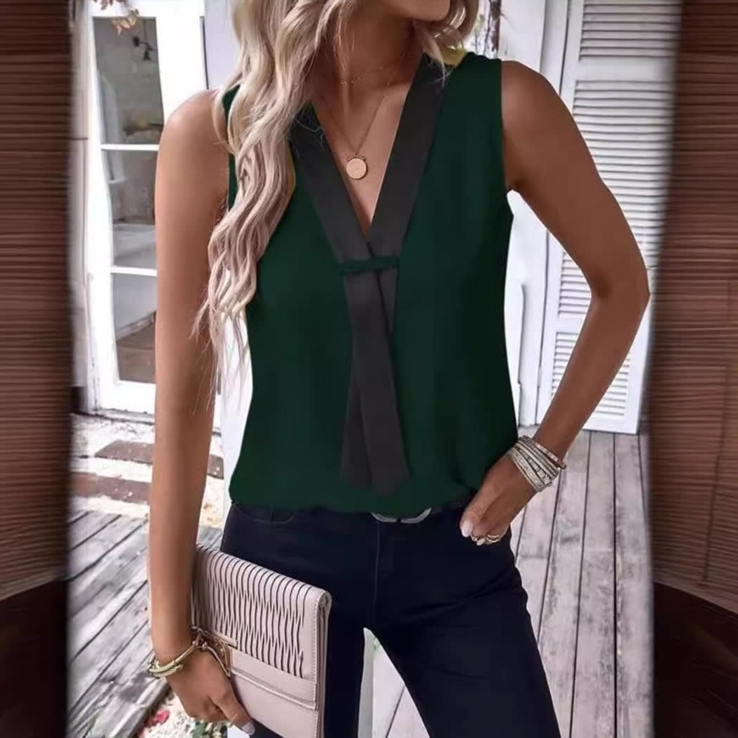 Women's V-color Contrasting Sleeveless Casual Shirt view 4