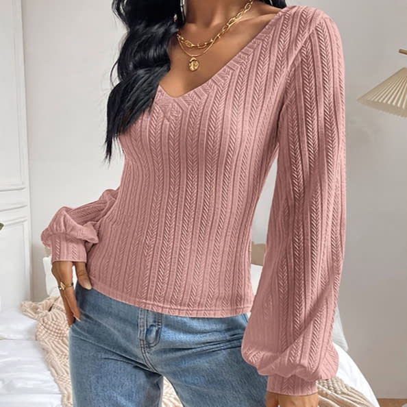 Puff Sleeve Shirt Slim-fit Elegant Twist Knitted Long-sleeved Top view 3