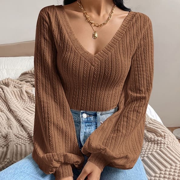 Puff Sleeve Shirt Slim-fit Elegant Twist Knitted Long-sleeved Top view 2