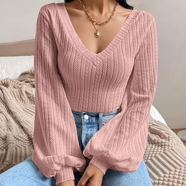 Puff Sleeve Shirt Slim-fit Elegant Twist Knitted Long-sleeved Top view 4