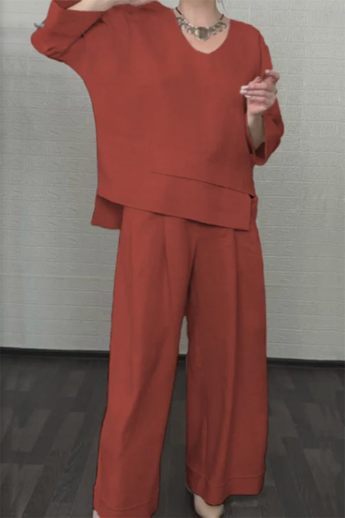 Solid Color Round Neck Long Sleeve Casual Top Straight-leg Pants Two-piece Set view 9