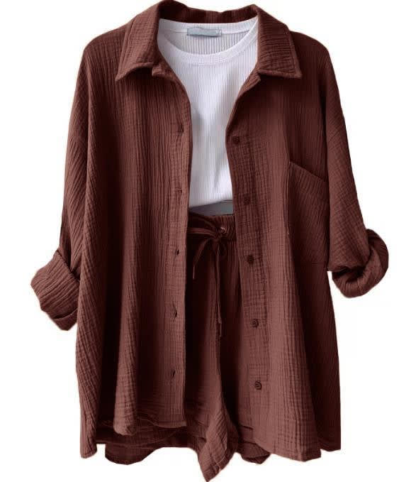 Women's Wrinkled Fabric Lapel Long Sleeved Shirt Shorts Fashion Casual Set view 6
