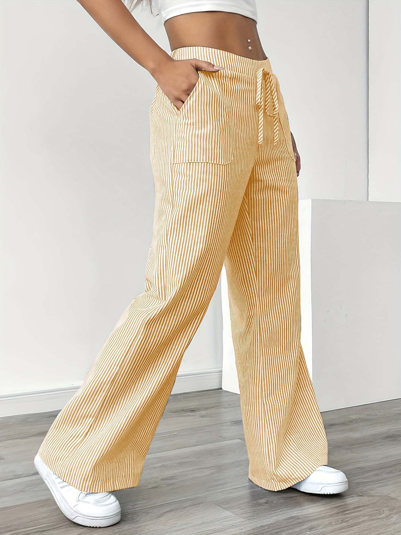New Striped Trousers With Pockets Casual Versatile Loose Wide Leg Pants Women's Clothing view 8