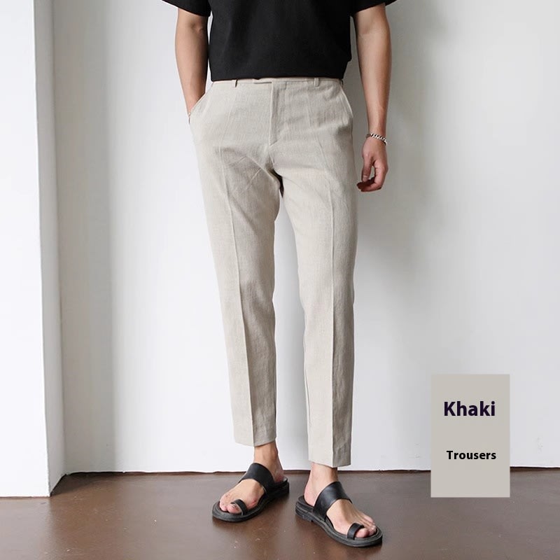 White For Men Cotton Fabric Cropped Linen Trousers view 5