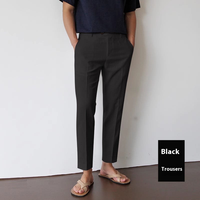 White For Men Cotton Fabric Cropped Linen Trousers view 3