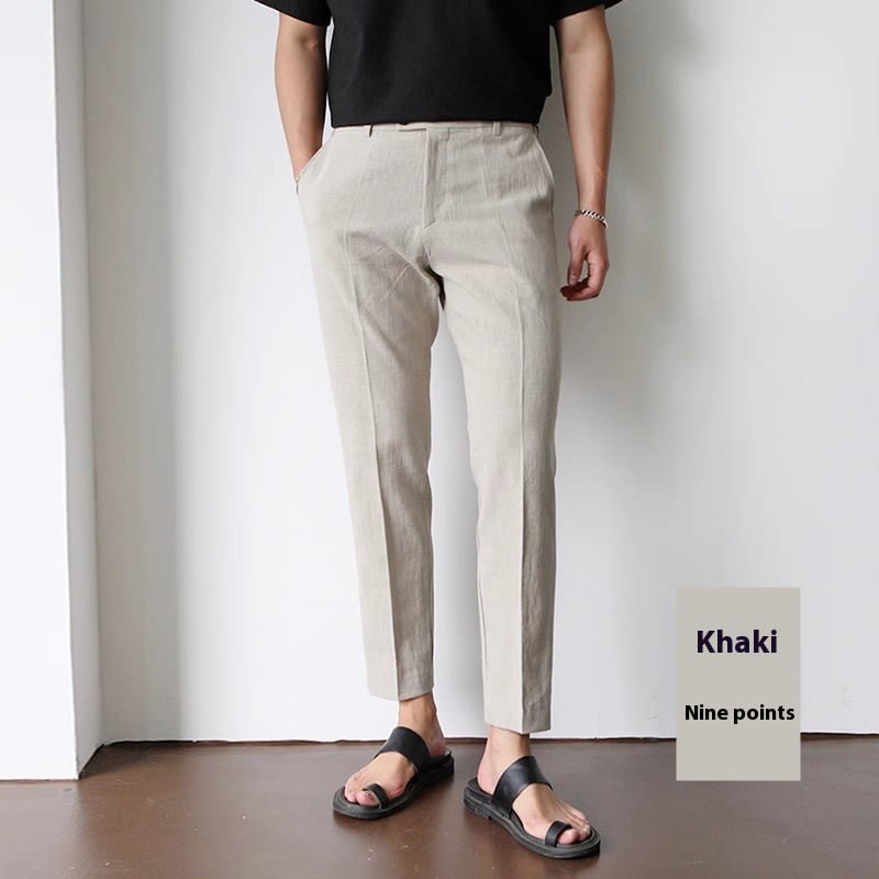 White For Men Cotton Fabric Cropped Linen Trousers view 4
