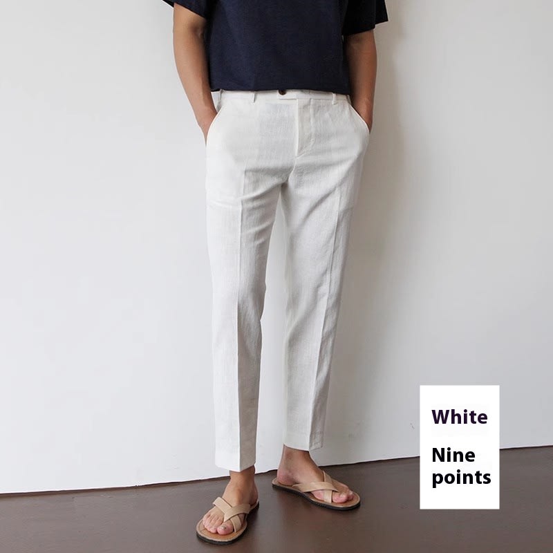 White For Men Cotton Fabric Cropped Linen Trousers view 8