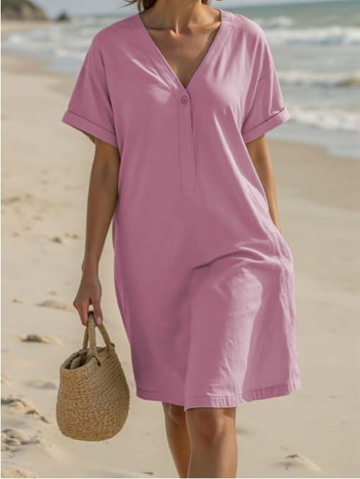 Fashionable All-matching Women's Casual Solid Color And V-neck Loose Dress