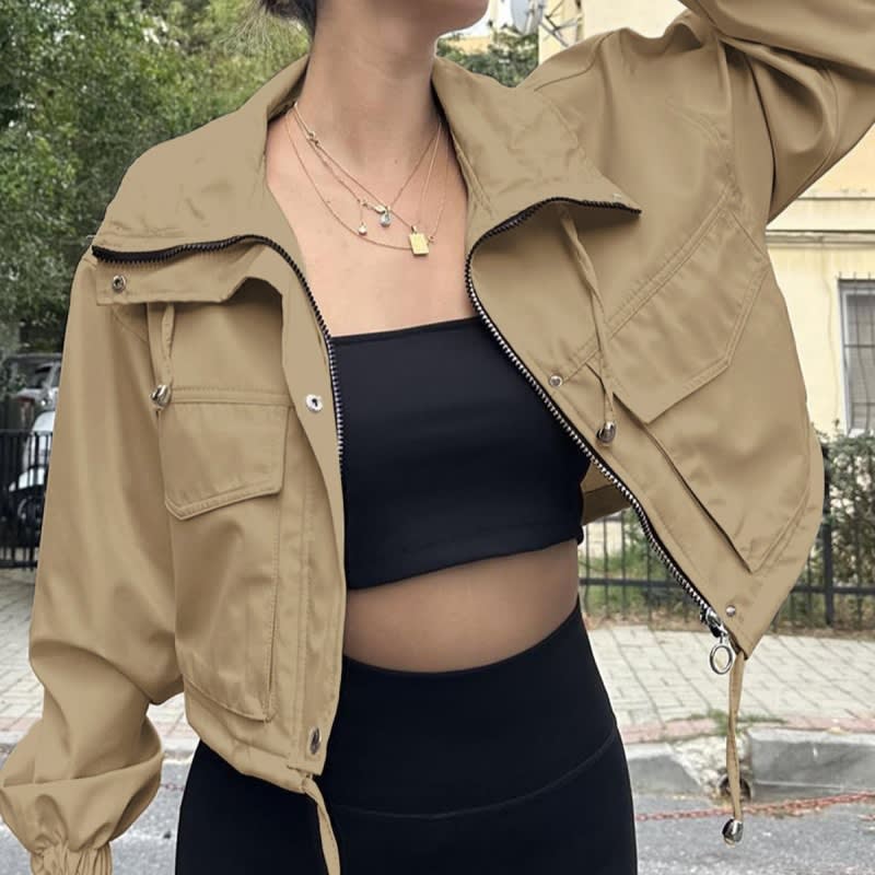 Solid Color Women's Short Jacket Zipper Trench Coat view 4