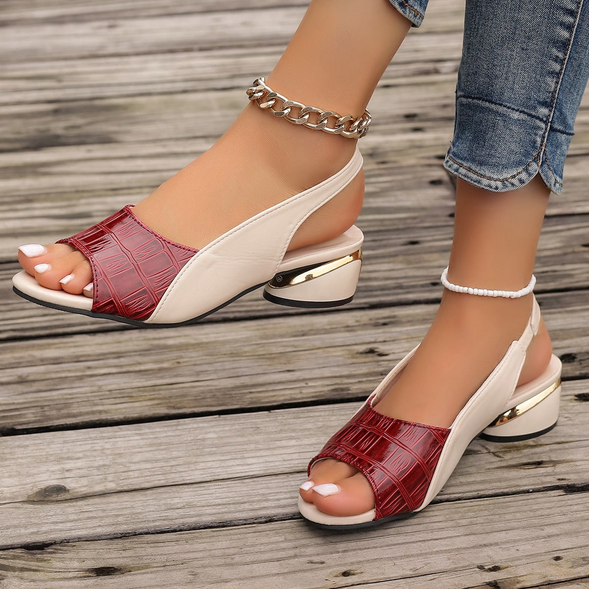 Ins Plaid Stone Pattern Sandals Summer Peep Toe Block Heels Ankle-strap Office Shoes For Women view 4