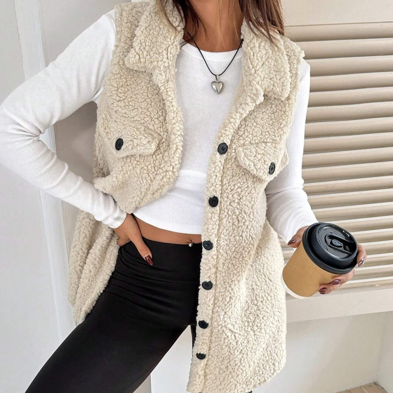 Lapels Open Button Plush Vest Cardigan view 10