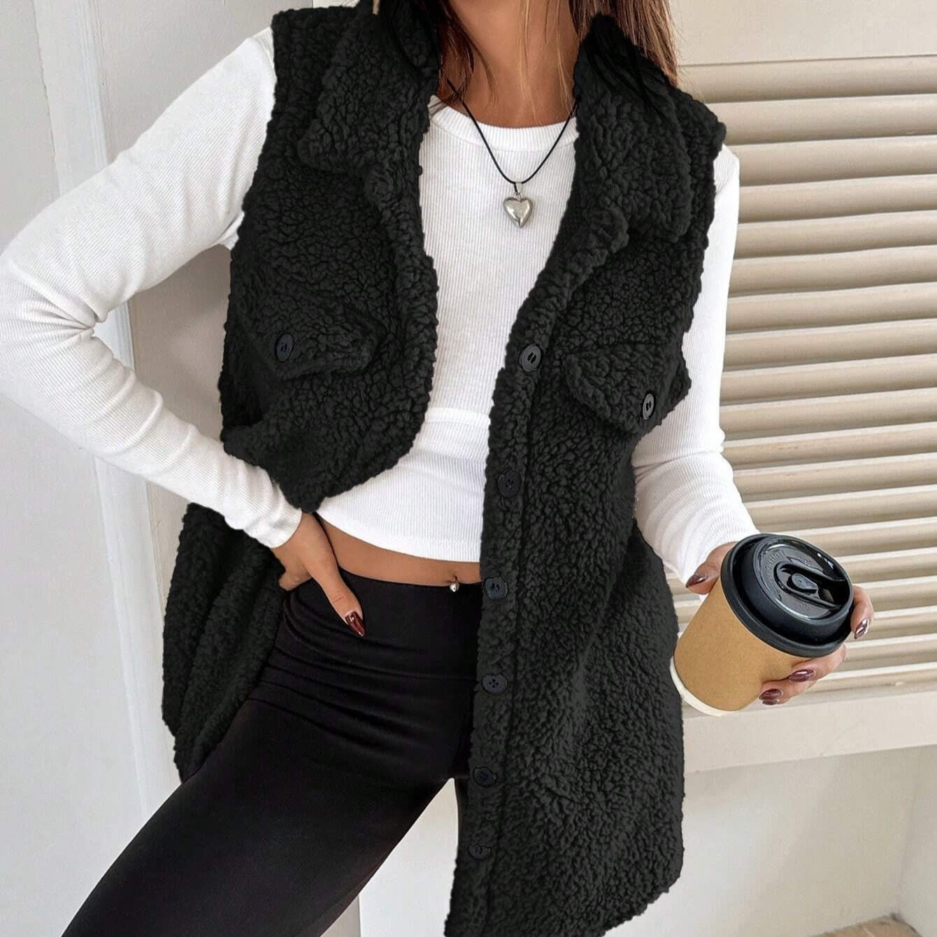 Lapels Open Button Plush Vest Cardigan view 8