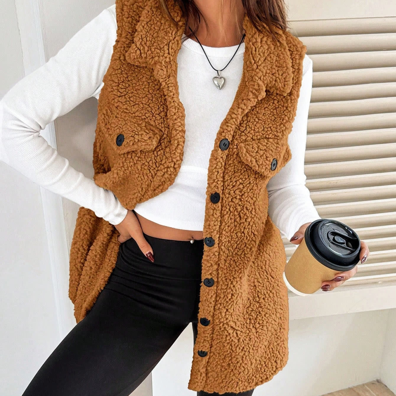 Lapels Open Button Plush Vest Cardigan view 5