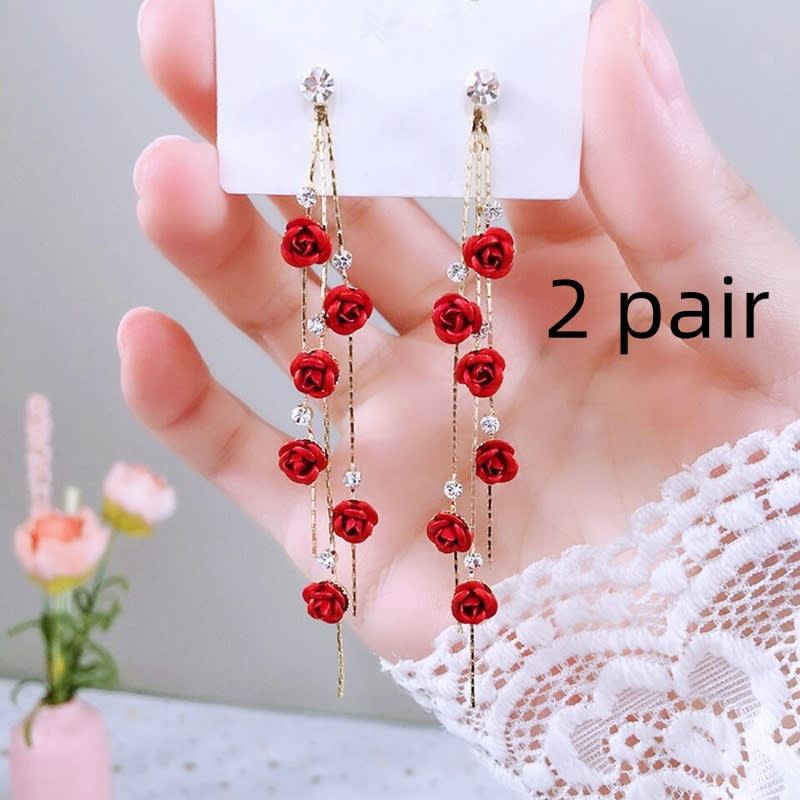Flower Long Earrings Wild Red Rose Flower Long Rhinestone Tassel Earrings Earrings view 3