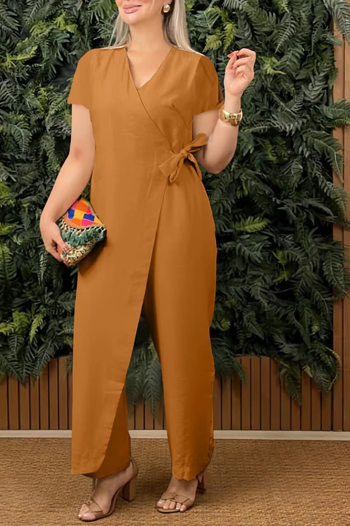 Women's Casual Loose V-neck Cross-strap Jumpsuit