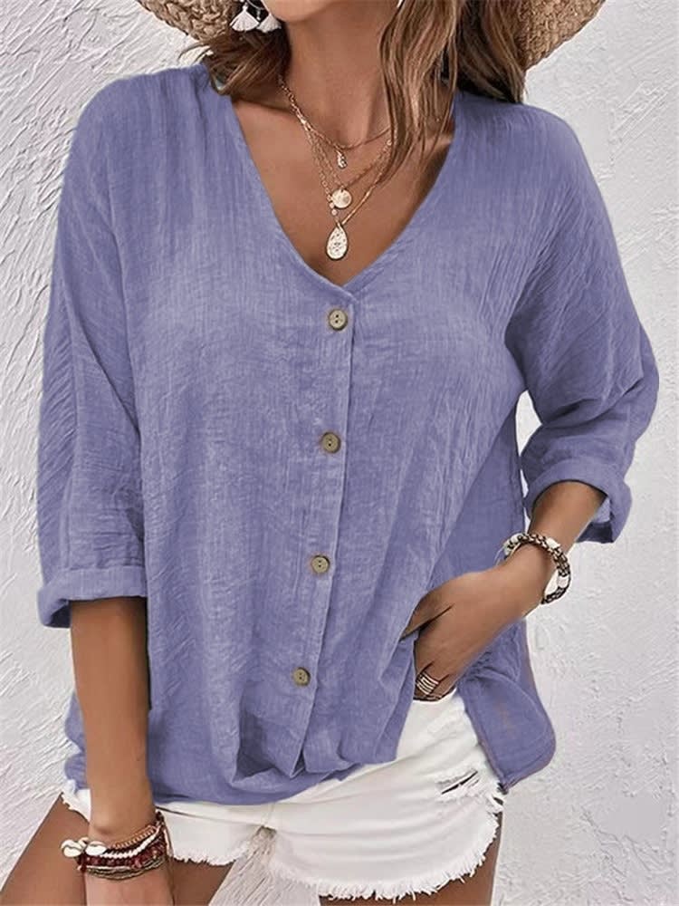V-neck Long-sleeved T-shirt Fashion Solid Color Button Top Casual Loose Clothing For Women view 5