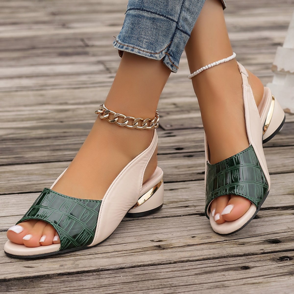 Ins Plaid Stone Pattern Sandals Summer Peep Toe Block Heels Ankle-strap Office Shoes For Women view 7