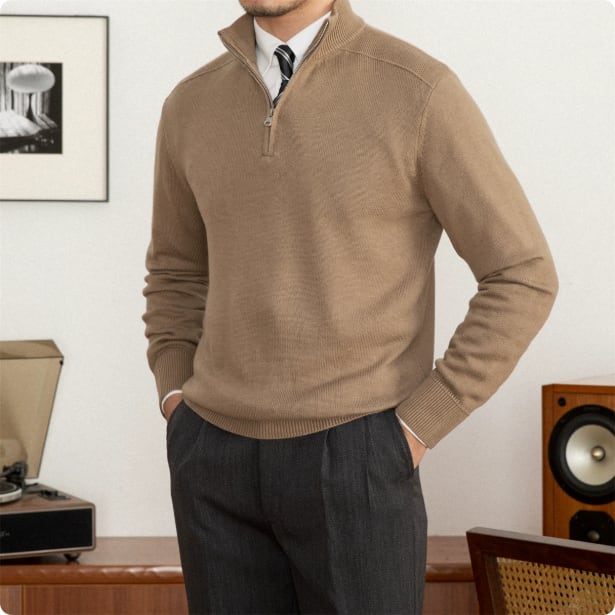 Men's Stand Collar Zippered Wool Sweater view 5