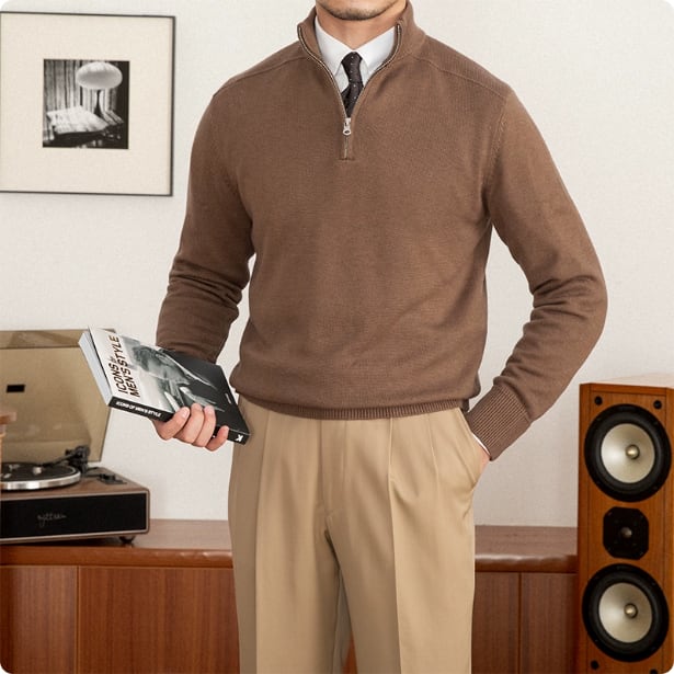 Men's Stand Collar Zippered Wool Sweater view 4