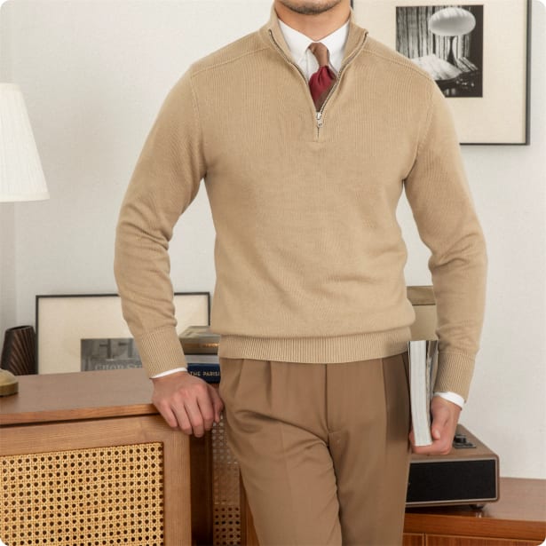 Men's Stand Collar Zippered Wool Sweater view 2