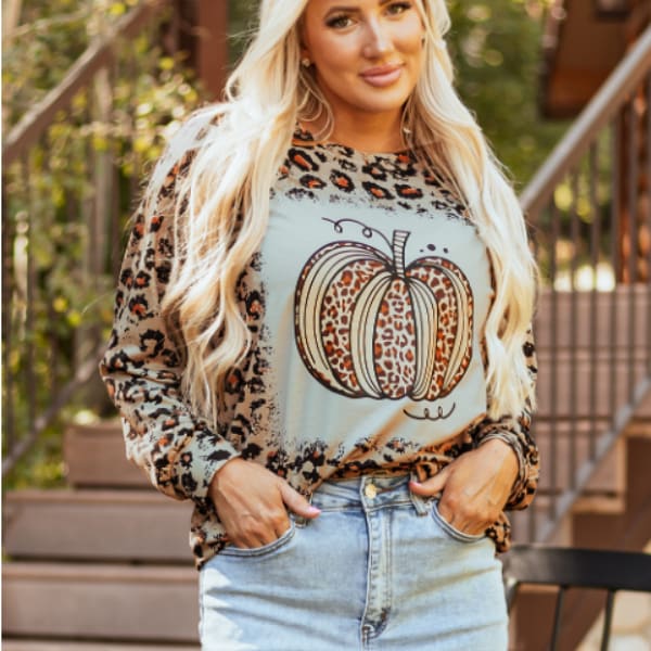Brown Bleached Halloween Pumpkin Leopard Print Sweatshirt view 6