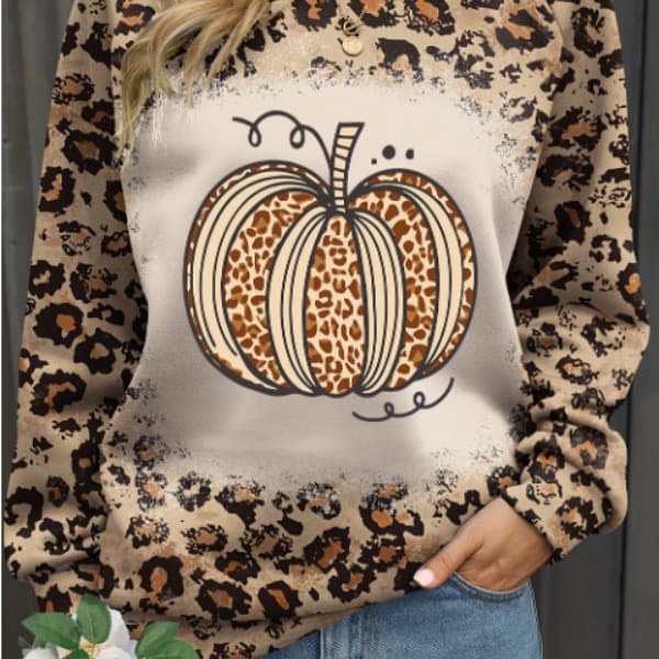Brown Bleached Halloween Pumpkin Leopard Print Sweatshirt view 5