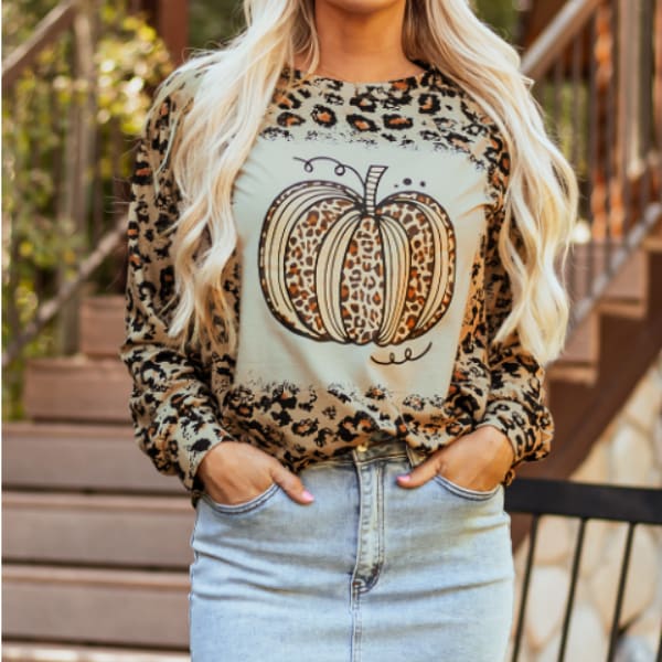 Brown Bleached Halloween Pumpkin Leopard Print Sweatshirt view 4